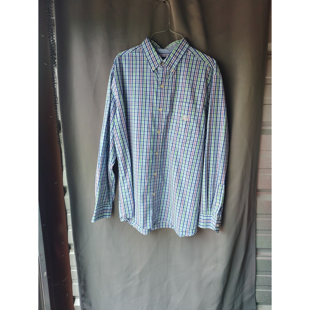 Chaps Mens Large Stretch Easy Care Plaid Button Down Shirt Blue Green Purple L